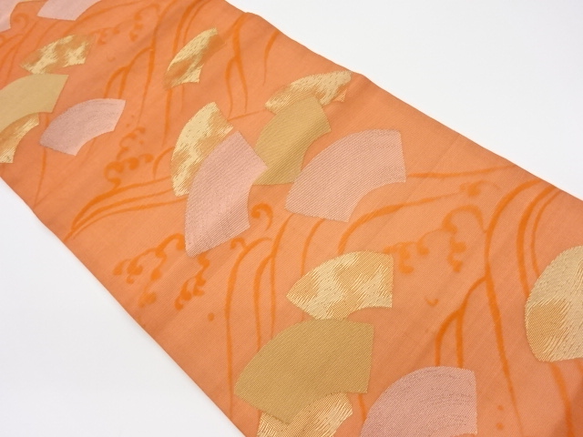 リサイクル　 紗 荒波に地紙模様織出し開き名古屋帯（額縁仕立て）